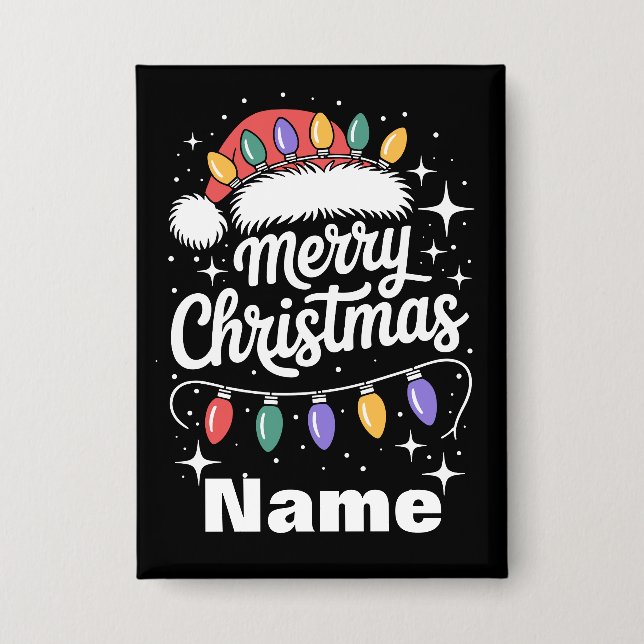 Merry Christmas Lights Santa Hat Personalized Gift Button (Front)
