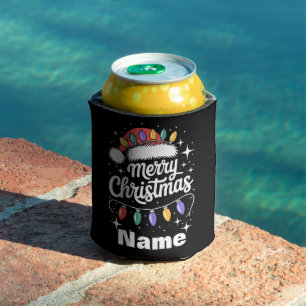 Merry Christmas Lights Santa Hat Personalized Gift Can Cooler