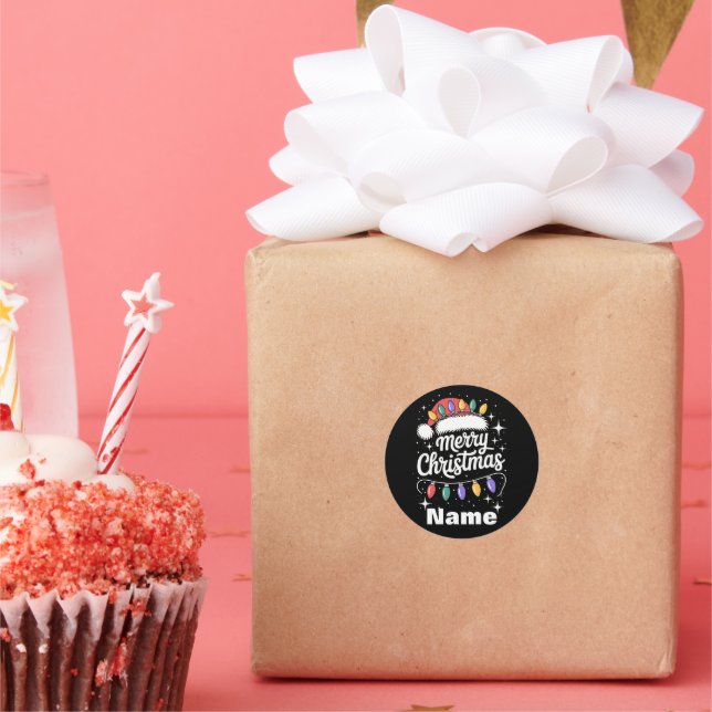 Merry Christmas Lights Santa Hat Personalized Gift Classic Round Sticker (Party)