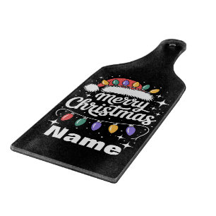 Merry Christmas Lights Santa Hat Personalized Gift Cutting Board