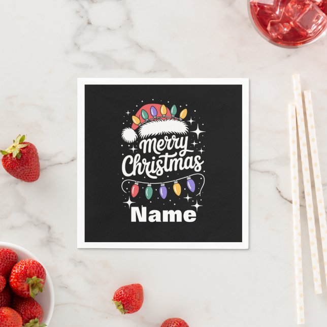 Merry Christmas Lights Santa Hat Personalized Gift Napkins (Insitu)