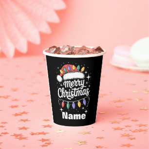 Merry Christmas Lights Santa Hat Personalized Gift Paper Cups