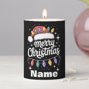 Merry Christmas Lights Santa Hat Personalized Gift Pillar Candle