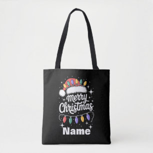 Merry Christmas Lights Santa Hat Personalized Gift Tote Bag