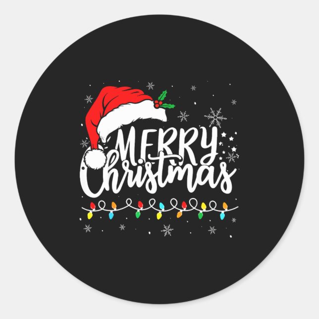 Merry Christmas Lights Santa Hat Xmas Family Match Classic Round Sticker (Front)