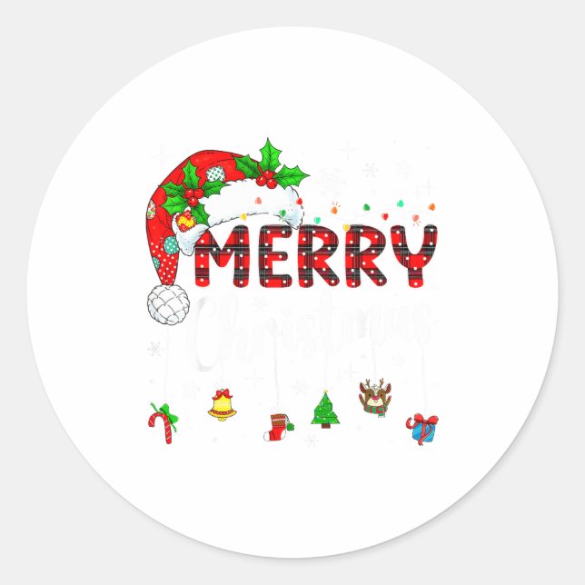 Merry Christmas Lights Santa Hat Xmas Family Match Classic Round Sticker (Front)