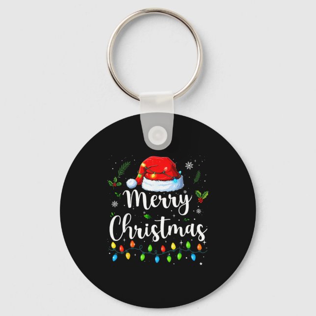 Merry Christmas Lights Santa Hat Xmas Family Match Keychain (Front)