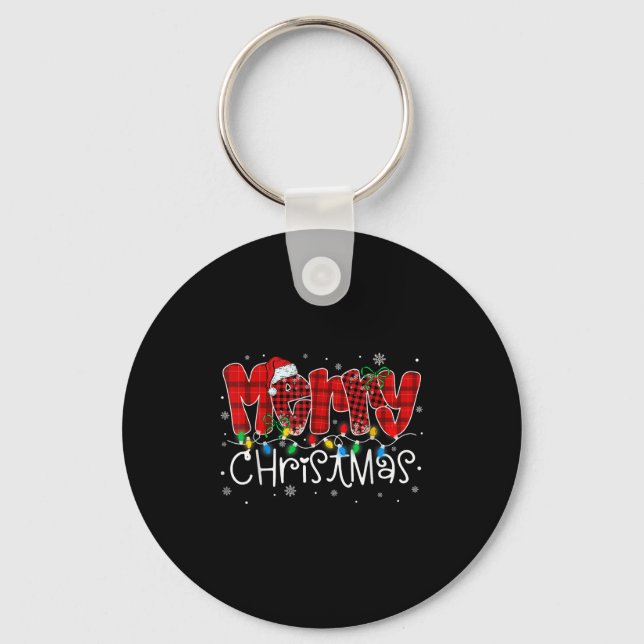 Merry Christmas Lights Santa Hat Xmas Family Match Keychain (Front)