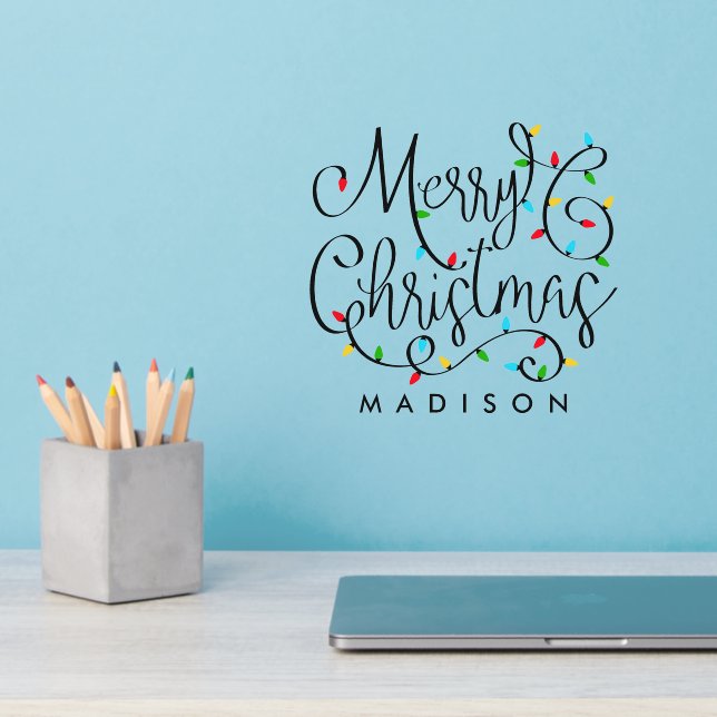 Merry Christmas Lights Script Custom Name Wall Decal (Home Office 2)