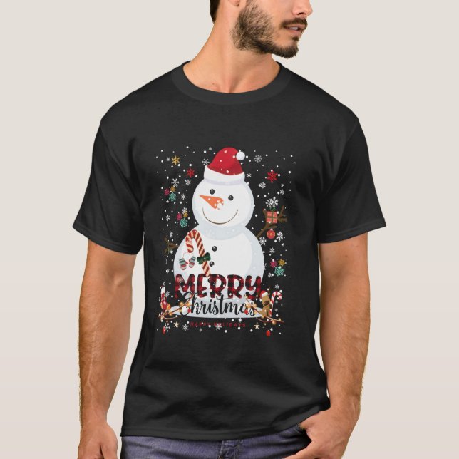 Merry Christmas Lights Snowman Red Santa Hat Xmas  T-Shirt (Front)