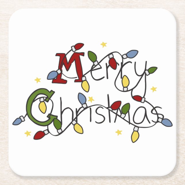 Merry Christmas Lights Square Paper Coaster (Front)