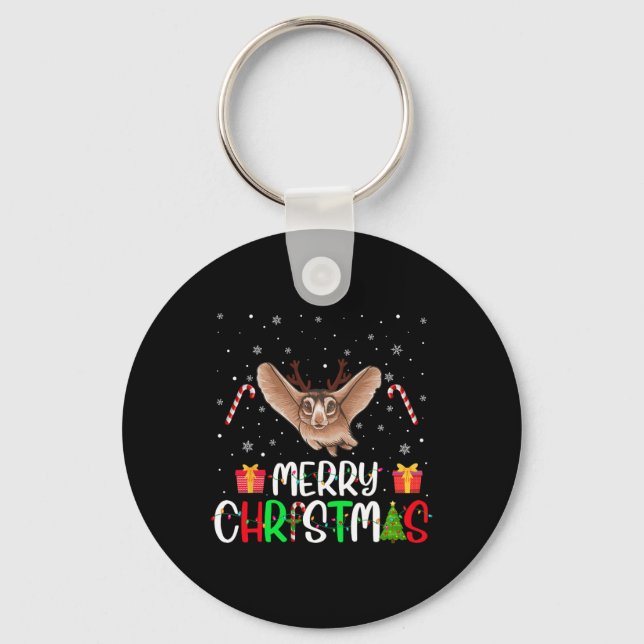 Merry Christmas Lights Sugar Glider Reindeer Hat X Keychain (Front)