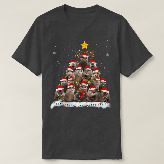 Merry Christmas Lights Tree Otter Santa Decoration T-Shirt (Design Front)