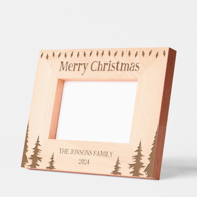 Merry Christmas Lights Trees Family Wooden Engraved Frames (Left)