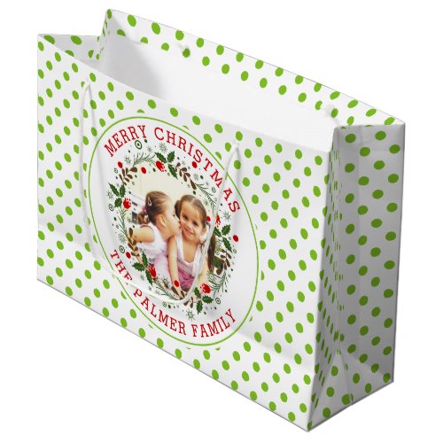 Merry Christmas lime green polka dot pattern photo Large Gift Bag