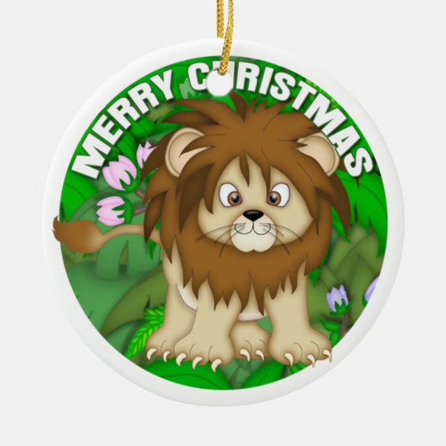 Merry Christmas Lion Ceramic Ornament (Front)