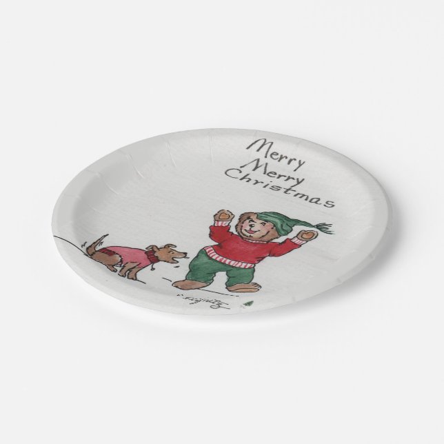Merry Christmas Little Bear Enjoy the snow  Paper Plates (Angled)
