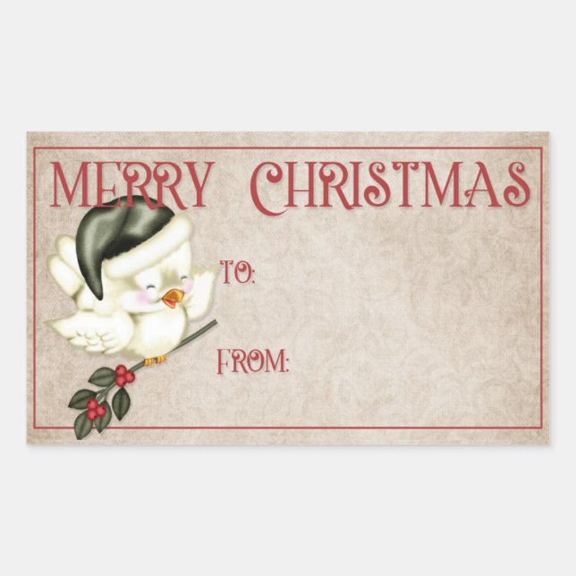 Merry Christmas | Little Bird in Green Hat Rectangular Sticker (Front)