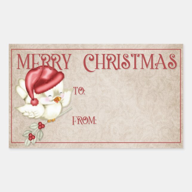 Merry Christmas | Little Bird in Red Hat Rectangular Sticker (Front)