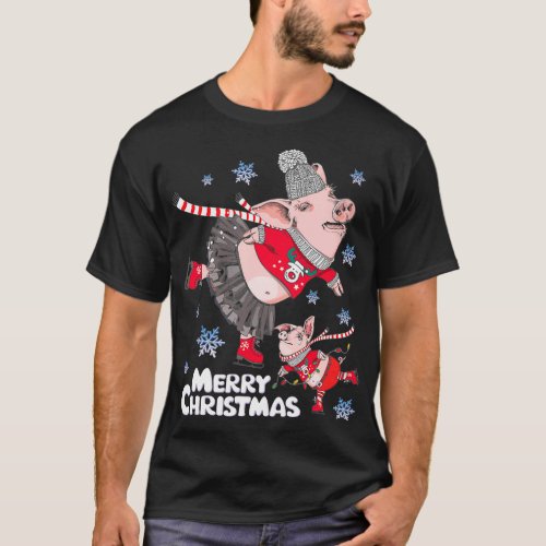 Merry Christmas Little Piggies Skating T_Shirt