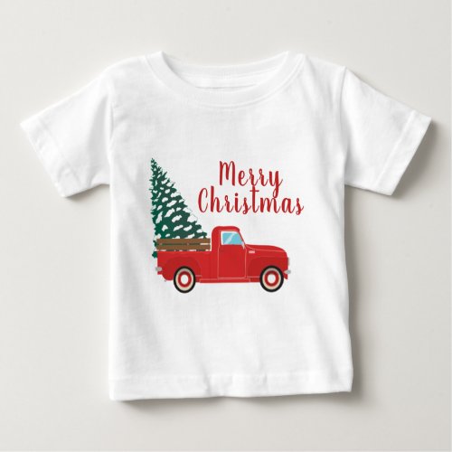 Merry Christmas Little Red Pickup Truck Tree Baby T_Shirt
