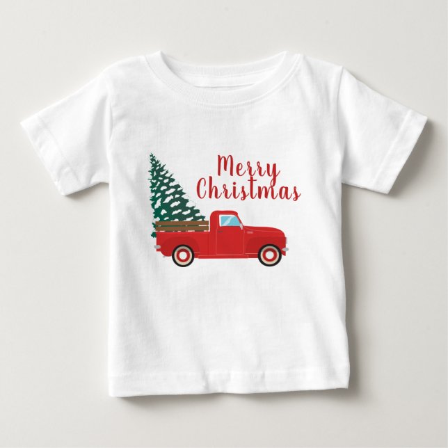Merry Christmas Little Red Pickup Truck Tree Baby T-Shirt (Front)