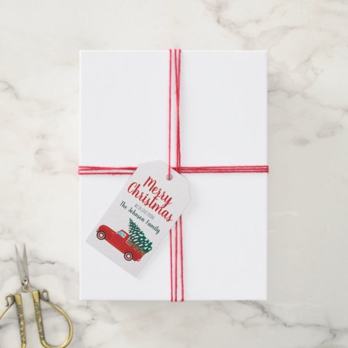 Merry Christmas Little Red Pickup Truck Tree Gift Tags