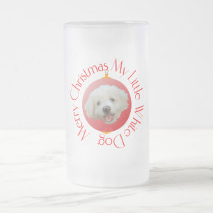Merry Christmas Little White Dog Frosted Glass Beer Mug