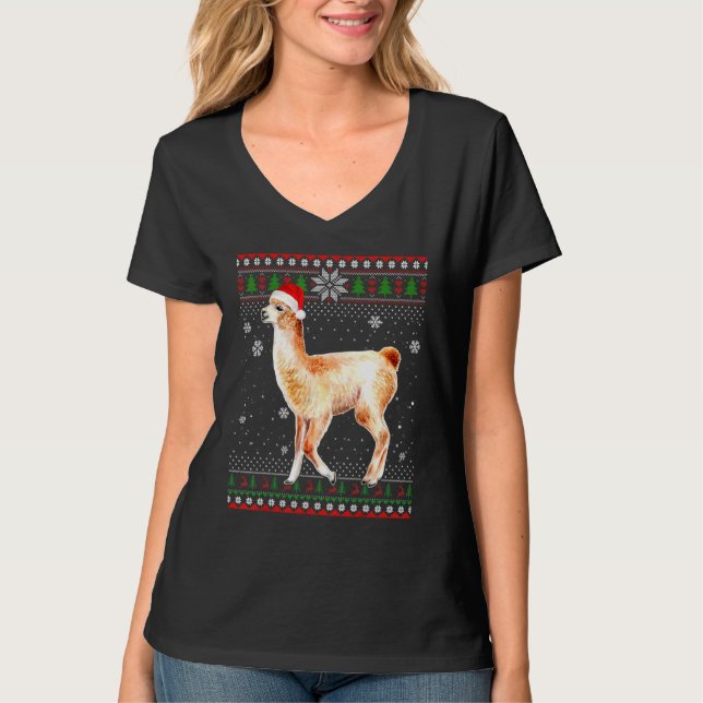 Merry Christmas Llama Hat Santa  In Snow Ugly Swea T-Shirt (Front)