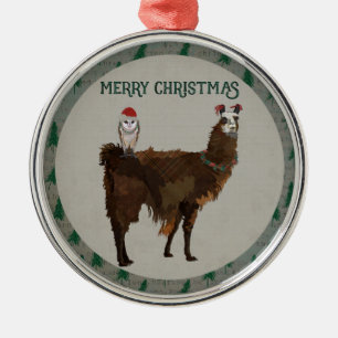 MERRY CHRISTMAS LLAMA & OWL METAL ORNAMENT