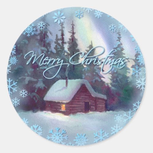 MERRY CHRISTMAS LOG CABIN by SHARON SHARPE Classic Round Sticker