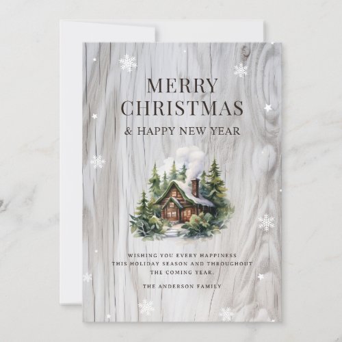 Merry Christmas Log Cabin Rustic Wood Snowflake Holiday Card