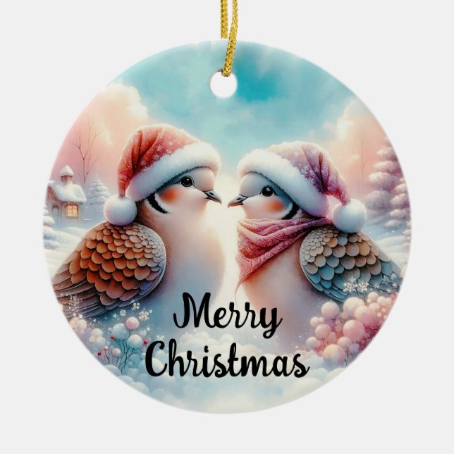 Merry Christmas Love Birds  Ceramic Ornament (Front)