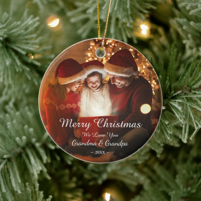 Merry Christmas Love Grandma Grandpa Photo Ceramic Ornament (Tree)