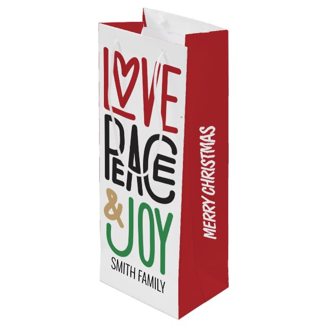 Merry Christmas | Love, Peace, & Joy, Your Family  Wine Gift Bag (Back Angled)
