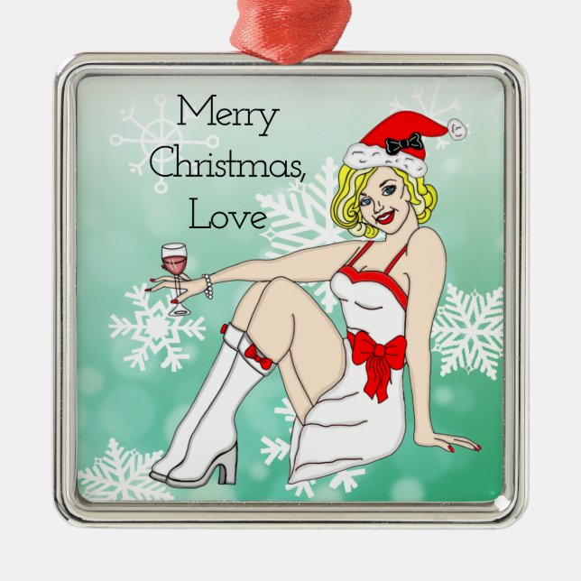 Merry Christmas Love | Pretty Pinup Girl  Metal Ornament (Front)