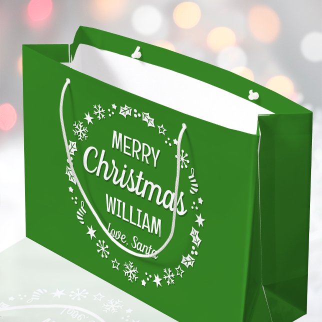 Merry Christmas Love Santa Custom Name Green Large Gift Bag (Creator Uploaded)