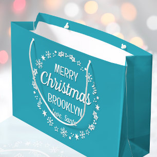 Merry Christmas Love Santa Custom Name Teal Large Gift Bag
