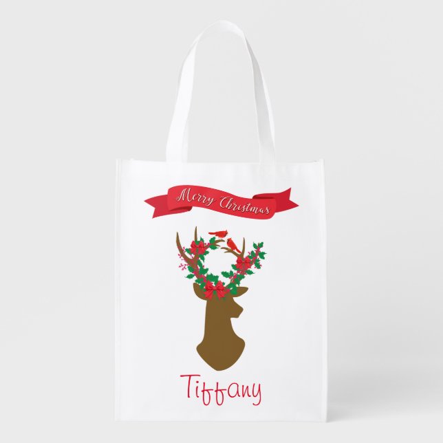 Merry Christmas lovely deer head Grocery Bag (Front)