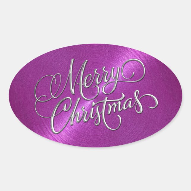 Merry Christmas Magenta Embossed Look Oval Sticker (Front)