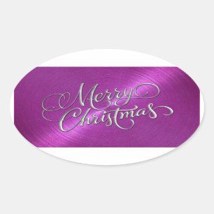 Merry Christmas Magenta Embossed Look Oval Sticker
