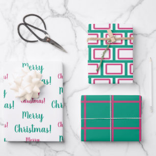 Merry Christmas Magenta Hot Pink Emerald Green Wrapping Paper Sheets