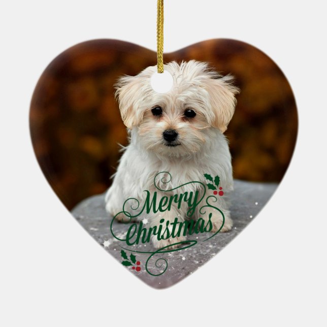 Merry Christmas, Maltese Puppy, cute and cuddly Ceramic Ornament (Back)