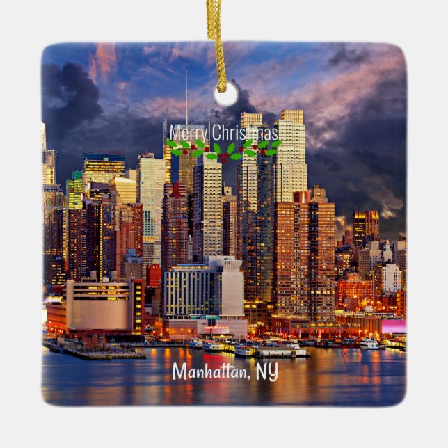 Merry Christmas, Manhattan, NY Ceramic Ornament (Front)