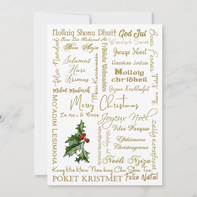 Merry Christmas Many Languages Gold Typography Holiday Card (Front)