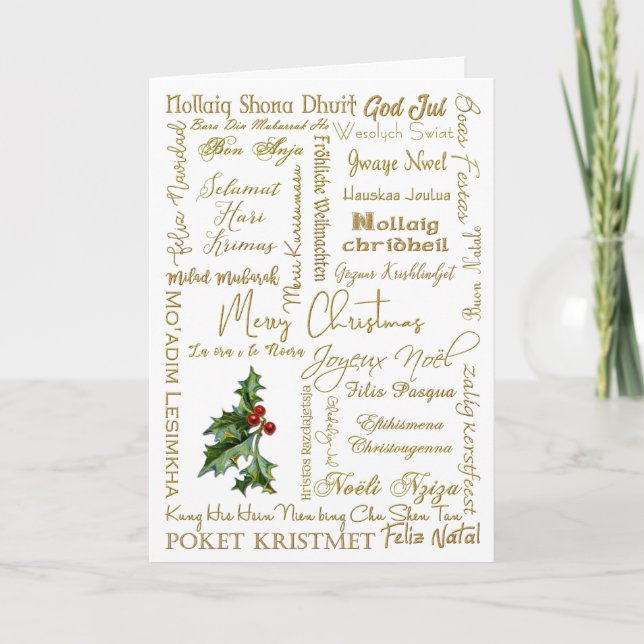 Merry Christmas Many Languages Gold Typography Holiday Card (Front)