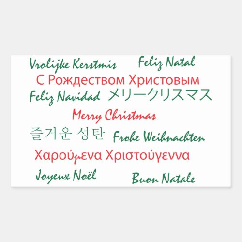 Merry Christmas Many Languages Green Red Rectangular Sticker