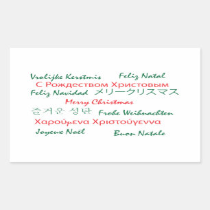 Merry Christmas Many Languages Green Red Rectangular Sticker
