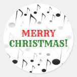 [ Thumbnail: "Merry Christmas!" + Many Musical Notes Pattern Round Sticker ]