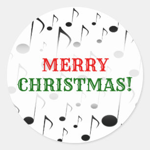 "Merry Christmas!" + Many Musical Notes Pattern Classic Round Sticker